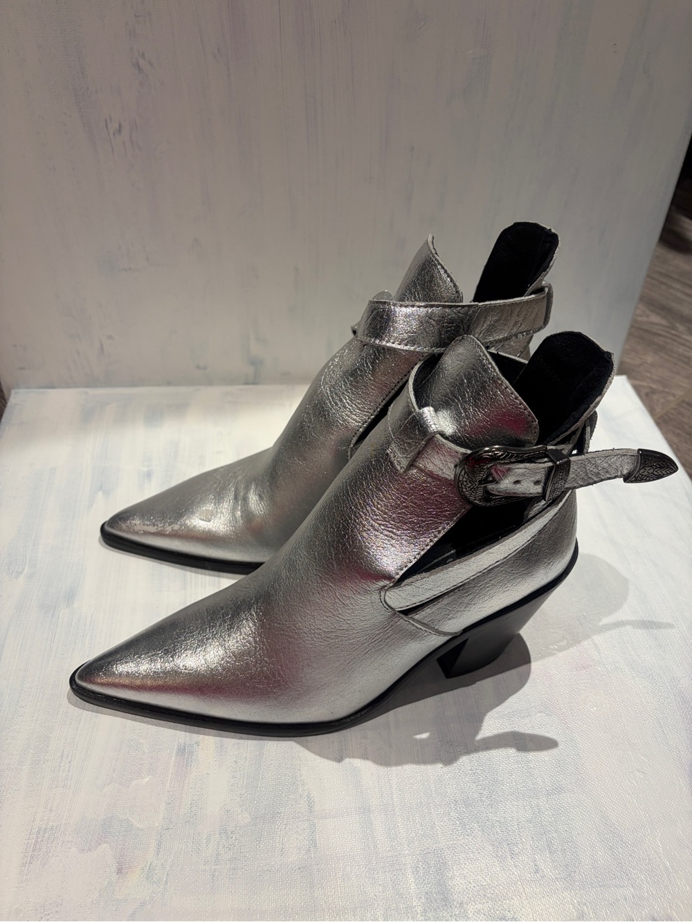 L'INTERVALLE Metallic Silver Pointed Ankle Booties with Buckle